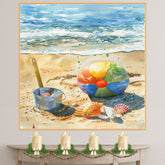 Watercolor Painting of Colorful Beach Ball with Seashells and Ocean Waves on Sandy Seashore Summer Coastal Scene on Ready to Hang 1.5" Thick Canvas Wrap, Floating Framed Canvas, Flat Rolled Canvas